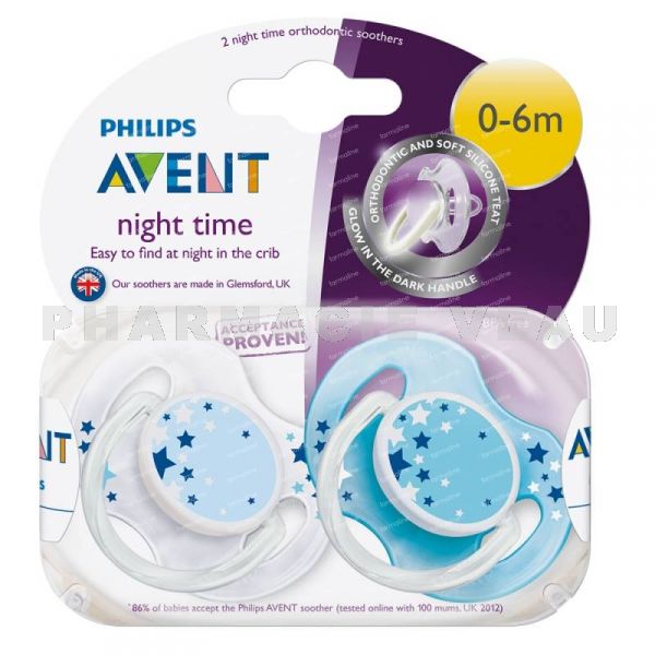 MAM Nuit 2 Sucettes Anatomiques Phosphorescentes Silicone 18 Mois + -  Couleur : Bleu Foncé Raton + Blanc Nuit