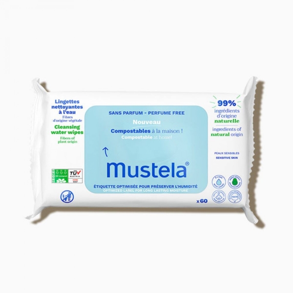 MUSTELA Lingettes de Coton Bio à l'Eau (60 lingettes)