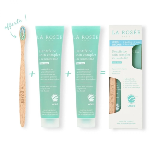 La Rosée - Duo Dentifrices Soin Complet Menthe Bio 2x75 ml + 1 brosse à dent offerte