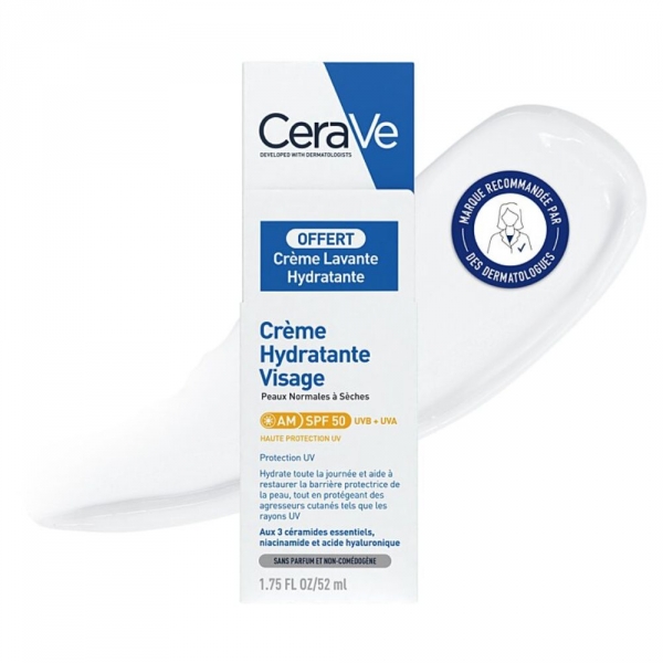 CeraVe - Crème Hydratante Visage SPF50 + Crème Lavante OFFERTE 