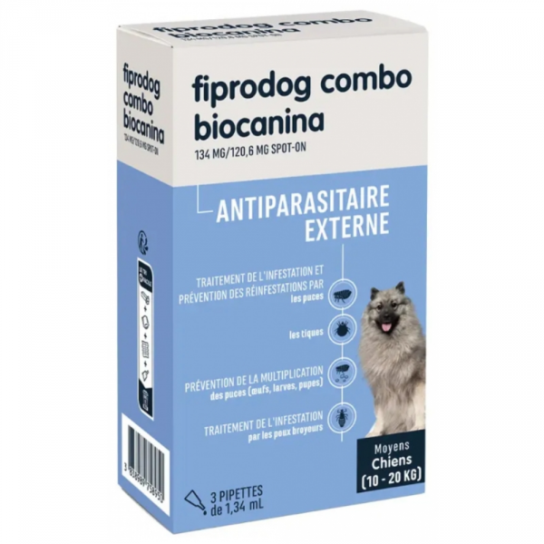 BIOCANINA - Fiprodog Combo Antiparasitaire Externe Chiens 10 à 20kg - 3 pipettes