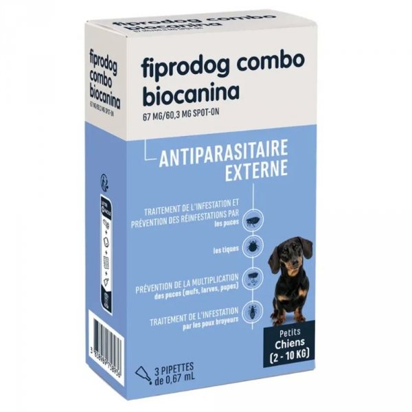 BIOCANINA - Fiprodog Combo Antiparasitaire Externe Chiens 2 à 10 kg - 3 pipettes