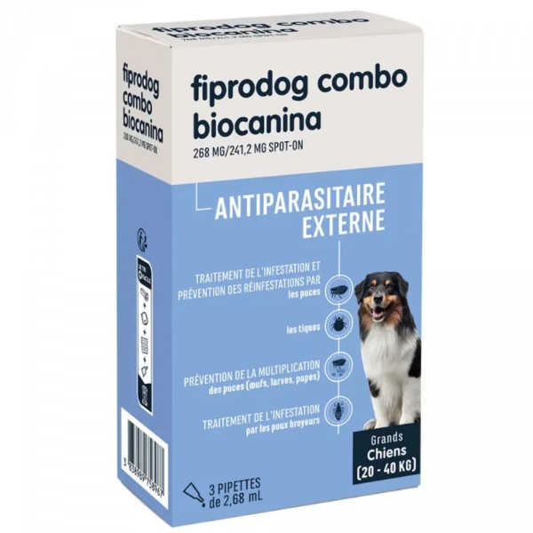 BIOCANINA - Fiprodog Combo Antiparasitaire Externe Chiens 20 à 40 kg - 3 pipettes