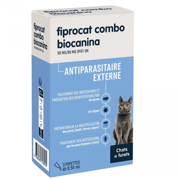 BIOCANINA - Fiprocat Combo Antiparasitaire Externe Chats & Furets - 3 pipettes